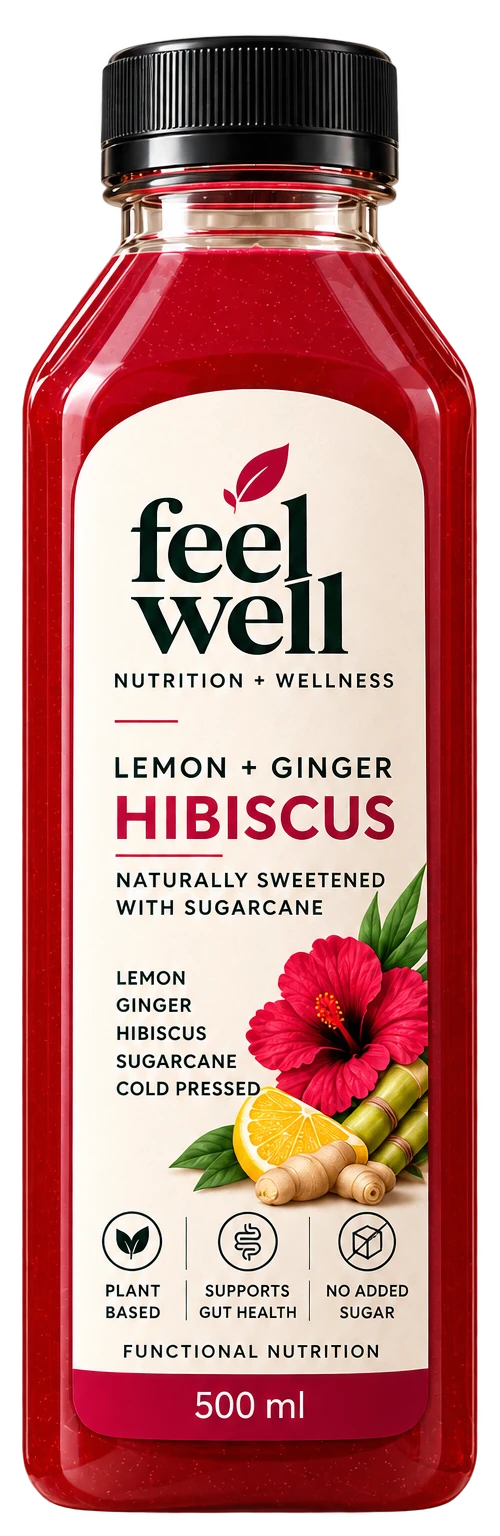 Feel Well Hibiscus 500ml bottle, lemon + ginger with hibiscus and sugarcane