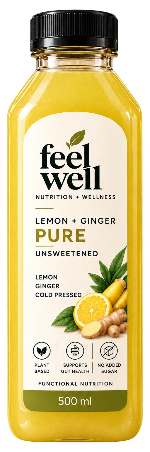 Feel Well Pure 500ml bottle, lemon + ginger