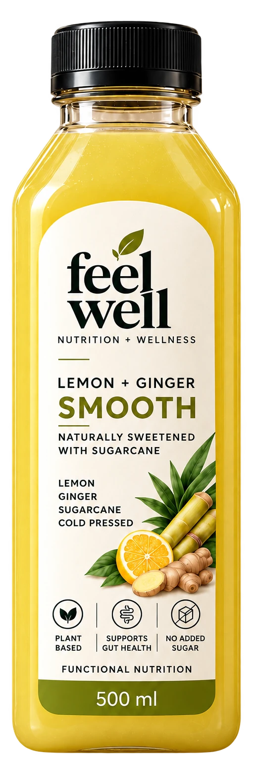 Feel Well Smooth 500ml bottle, lemon + ginger with sugarcane